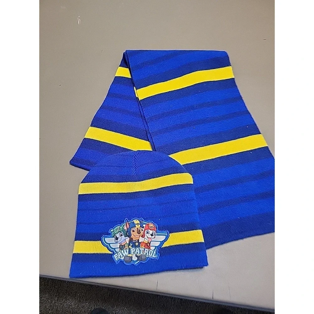 Paw Patrol‎ Top Pups Hat Scarf Set Kids One Size Blue Stripe Winter Knit